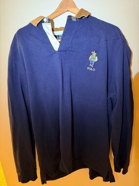 Polo Bear Navy Rugby Shirt with Corduroy Collar and embroidered bear.